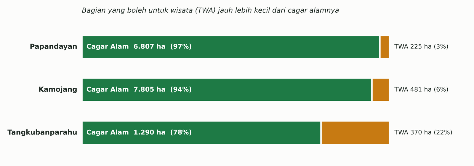 Grafik batang: Papandayan 97 persen cagar alam, Kamojang 94 persen, Tangkubanparahu 78 persen; sisanya taman wisata alam.